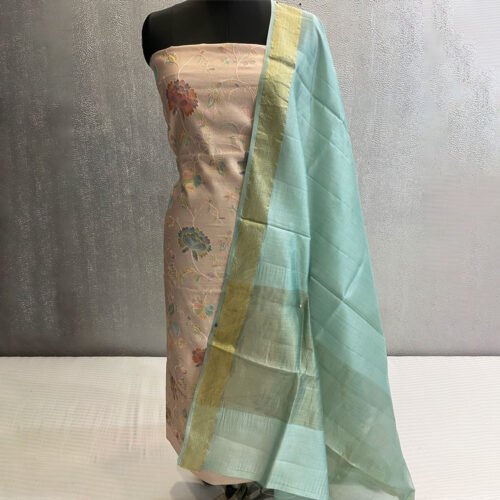 Embroidered Pure Silk 3 Pc Banarsi Dress Color - Beige, Blue