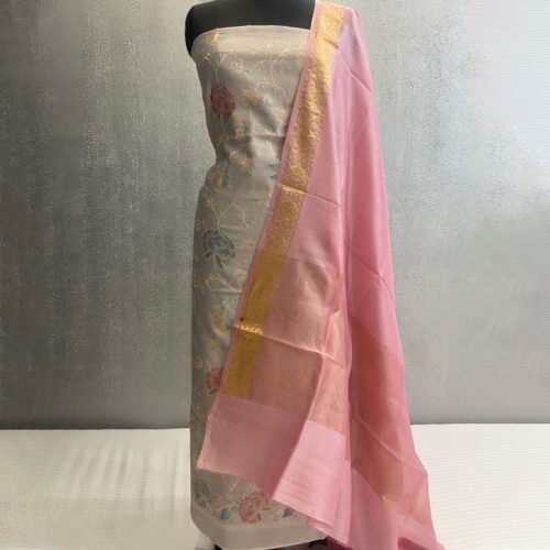 Embroidered Pure Silk 3 Pc Banarasi Dress Color - Cream, Pink