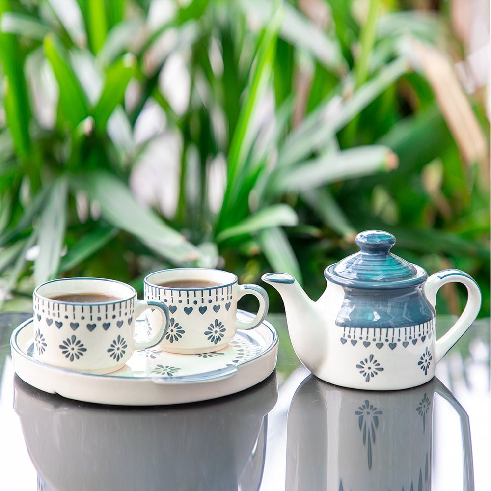 Gloss Finish Tea Set: 2 Cups, Kettle, and Tray