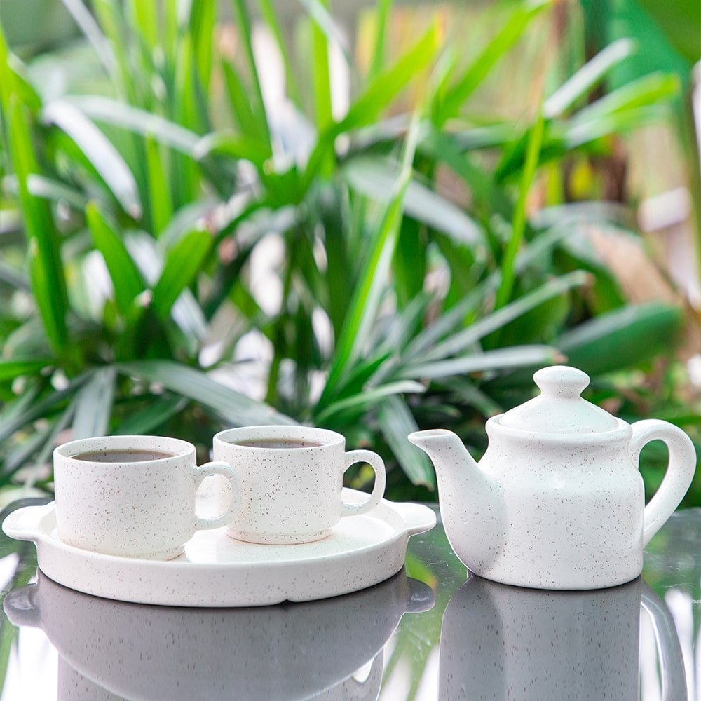 Modern Matte White Tea Set Kettle, 2 Cups, and Tray