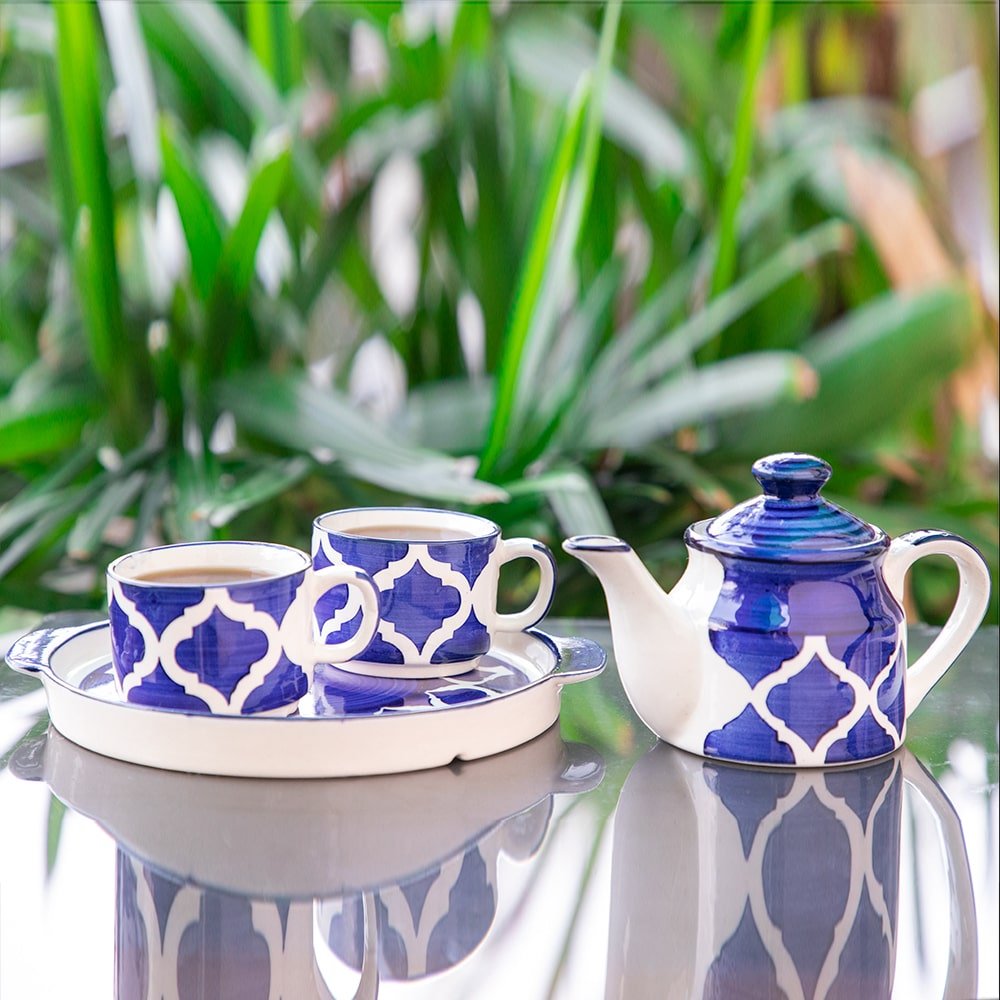 Luxurious Blue & White Gloss Finish Tea Set - 2 Cups, Kettle, Tray