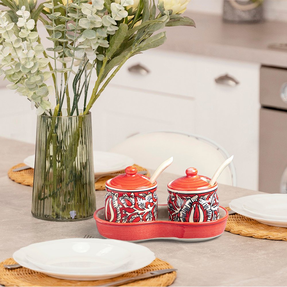 Handcrafted Red Ceramic Pottery Duo with Tree Artwork